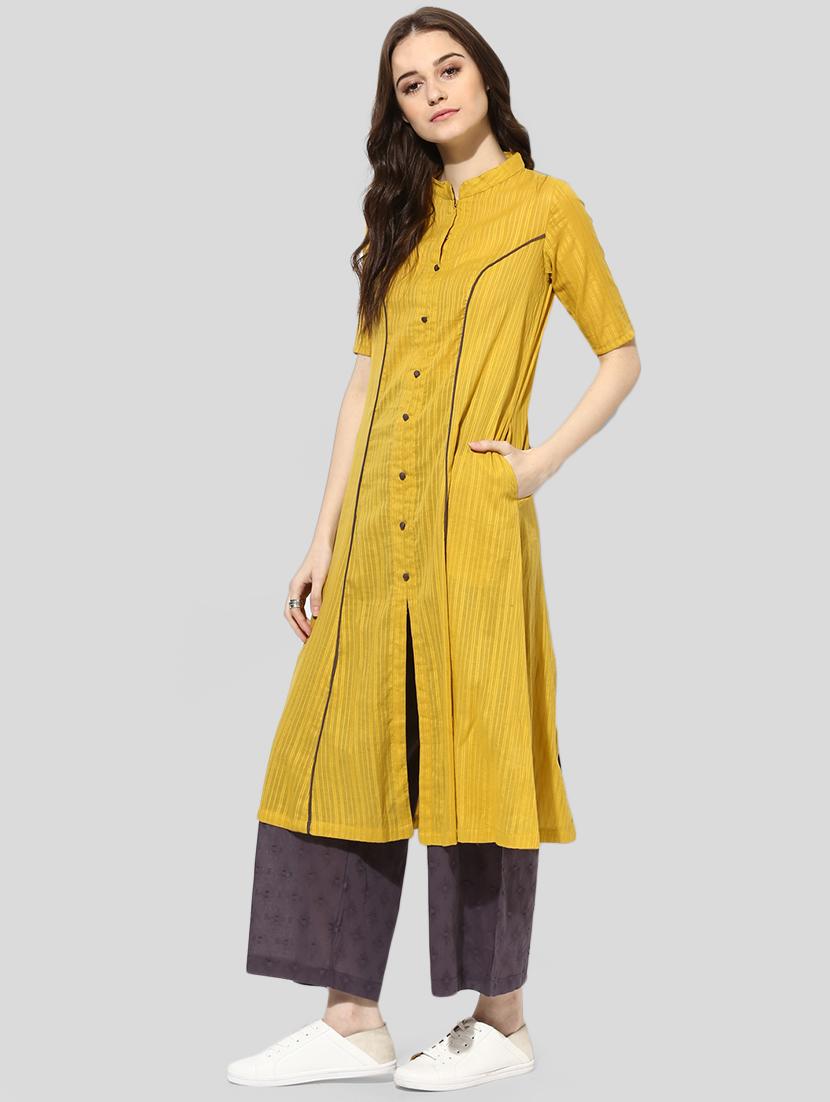 yellow cotton aline kurta - 14901699 - Zoom Image - 2