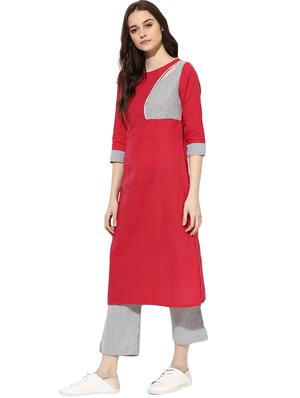 red cotton straight kurta - 14901709 - Standard Image - 2