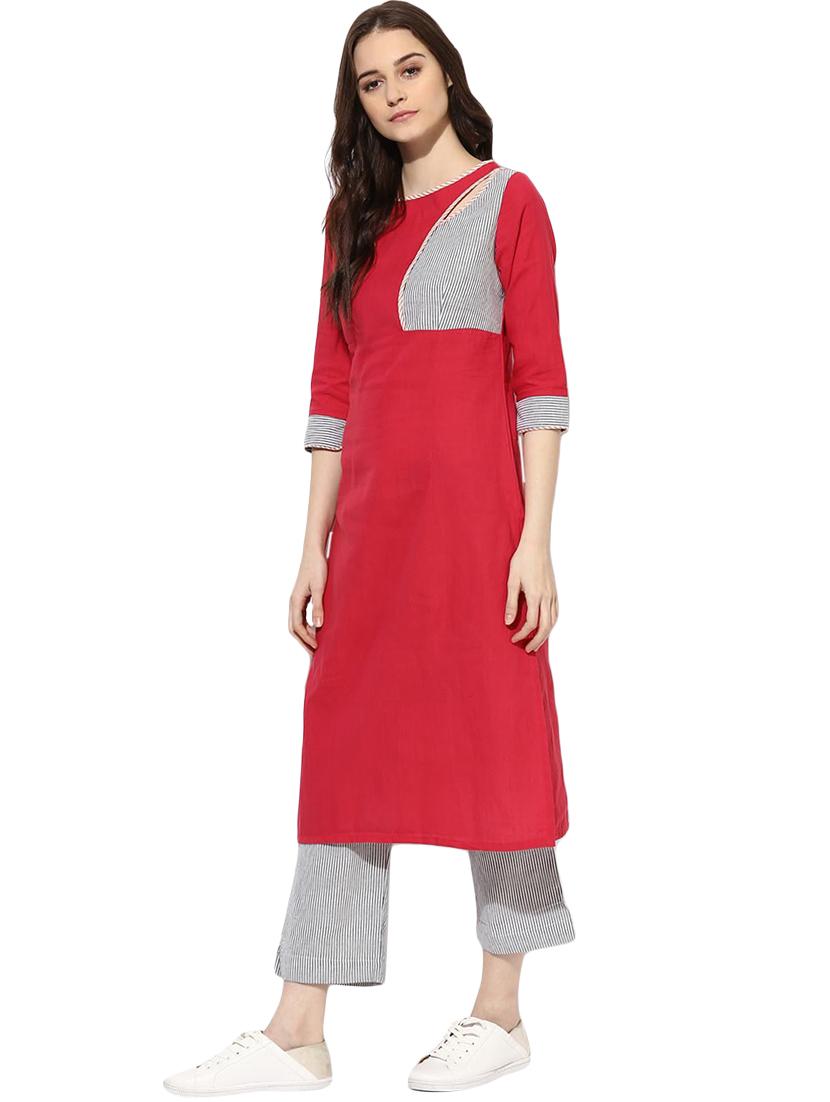 red cotton straight kurta - 14901709 - Zoom Image - 2