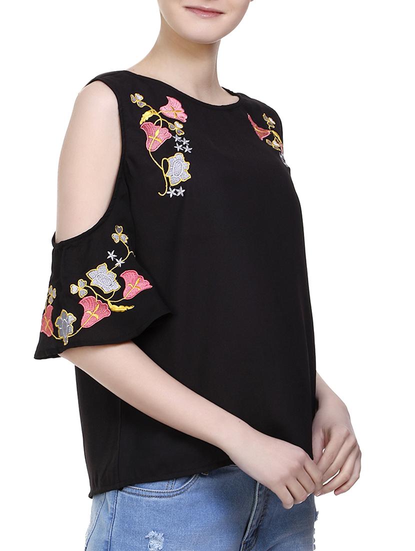 black embroidered cold shoulder top - 14904860 - Zoom Image - 2