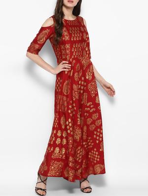 Gold foil print cold sleeves flared kurta - 14905944 - Standard Image - 2