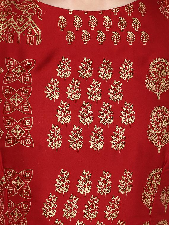 Gold foil print cold sleeves flared kurta - 14905944 - Zoom Image - 5