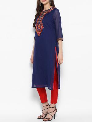 blue cotton straight kurta - 14905952 - Standard Image - 2