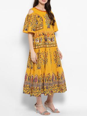 mustard cotton tiered kurta - 14905959 - Standard Image - 2