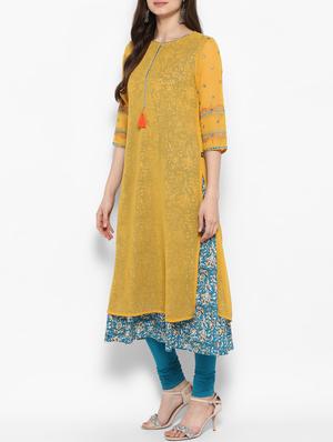 yellow georgette aline kurta - 14906002 - Standard Image - 2