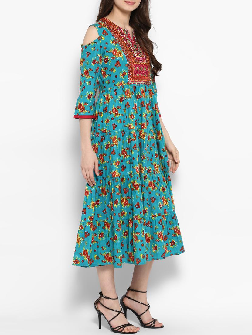 blue cotton flared kurta - 14906010 - Zoom Image - 2