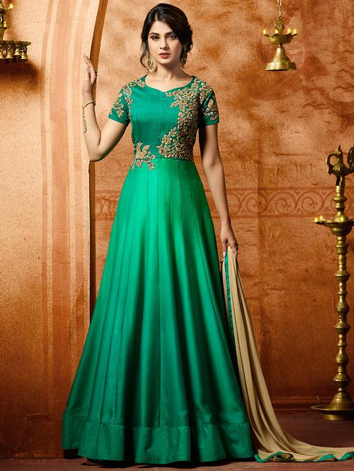 green silk semi-stitched Anarkali suit - 14908023 - Standard Image - 1