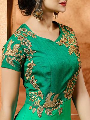 green silk semi-stitched Anarkali suit - 14908023 - Standard Image - 2