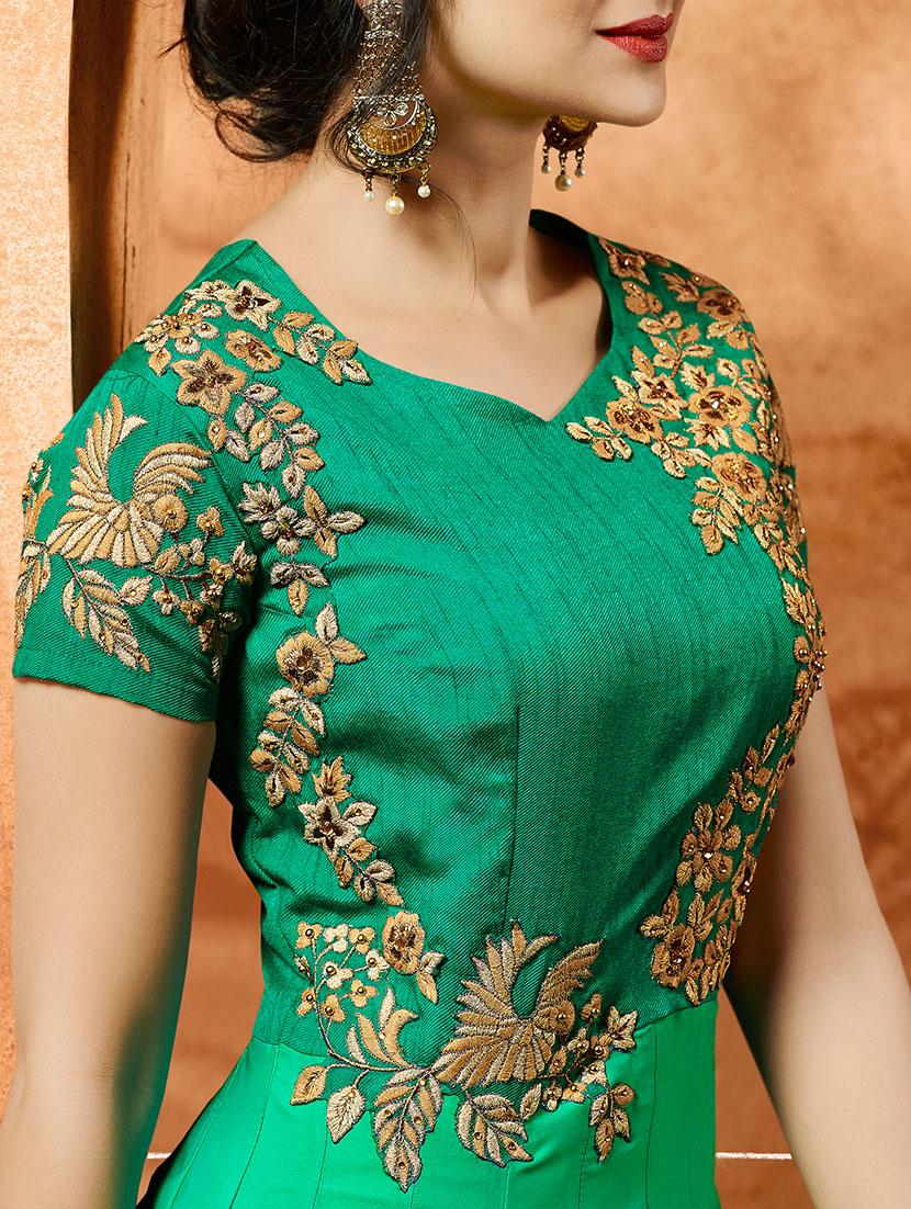 green silk semi-stitched Anarkali suit - 14908023 - Zoom Image - 2
