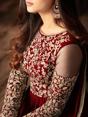 maroon georgette semi-stitched flared suit - 14908025 - Standard Image - 2