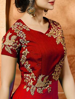 red silk semi-stitched anarkali suit - 14908030 - Standard Image - 2