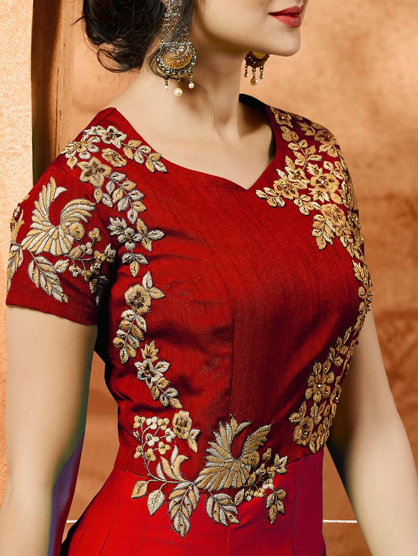 red silk semi-stitched anarkali suit - 14908030 - Zoom Image - 2