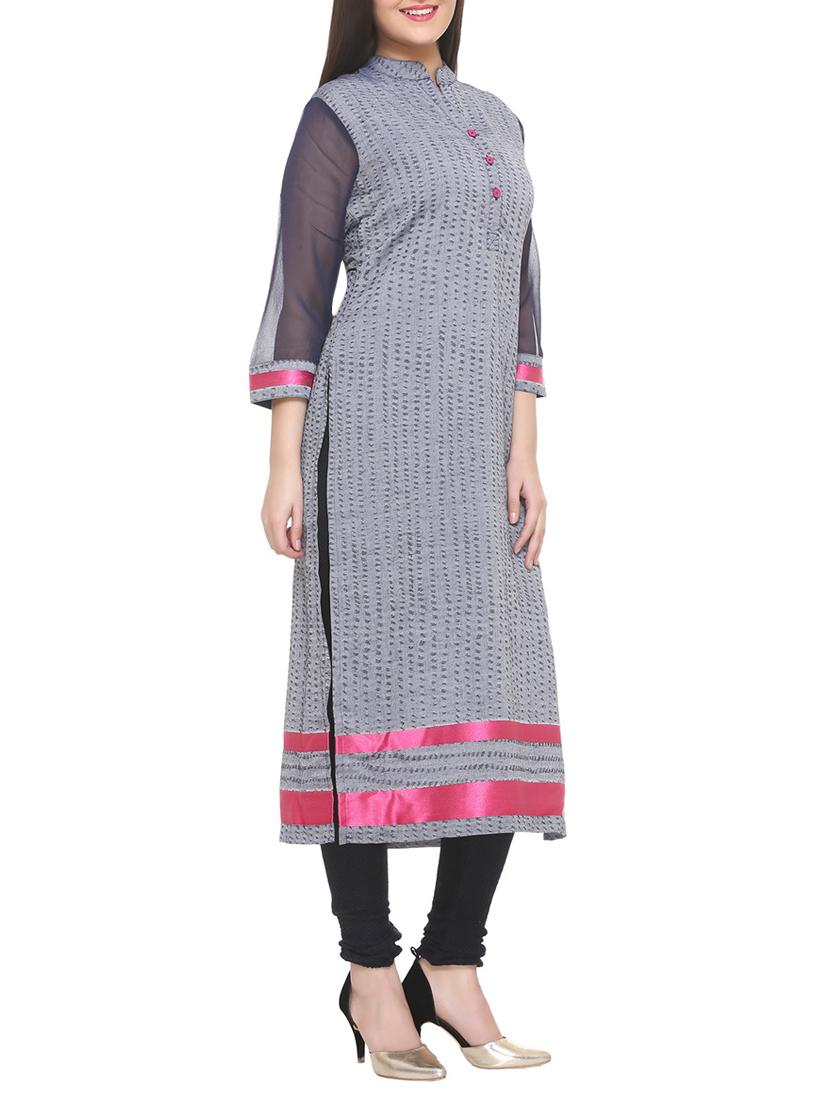 grey cotton blend straight kurta - 14908250 - Zoom Image - 2