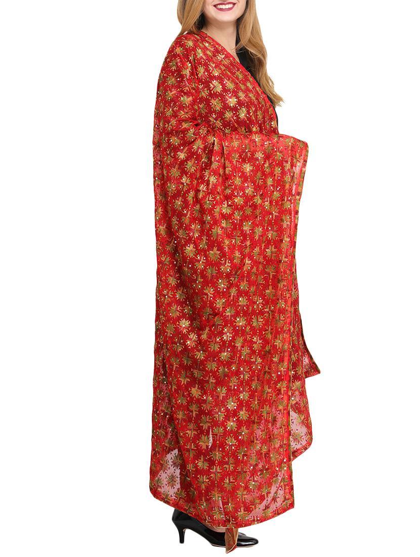 red poly chiffon phulkari dupatta - 14908734 - Zoom Image - 2