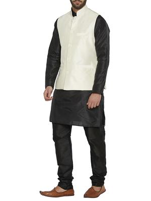 black dupion kurta pyjama set with white nehru jacket - 14909072 - Standard Image - 2