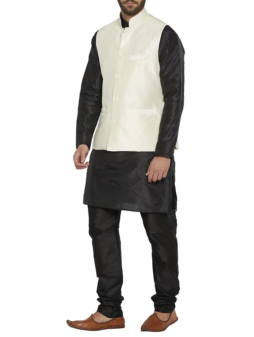black dupion kurta pyjama set with white nehru jacket - 14909072 - Zoom Image - 2