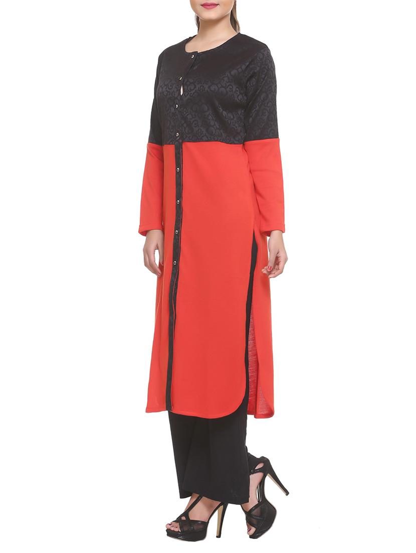 red cotton blend straight kurta - 14910043 - Zoom Image - 2