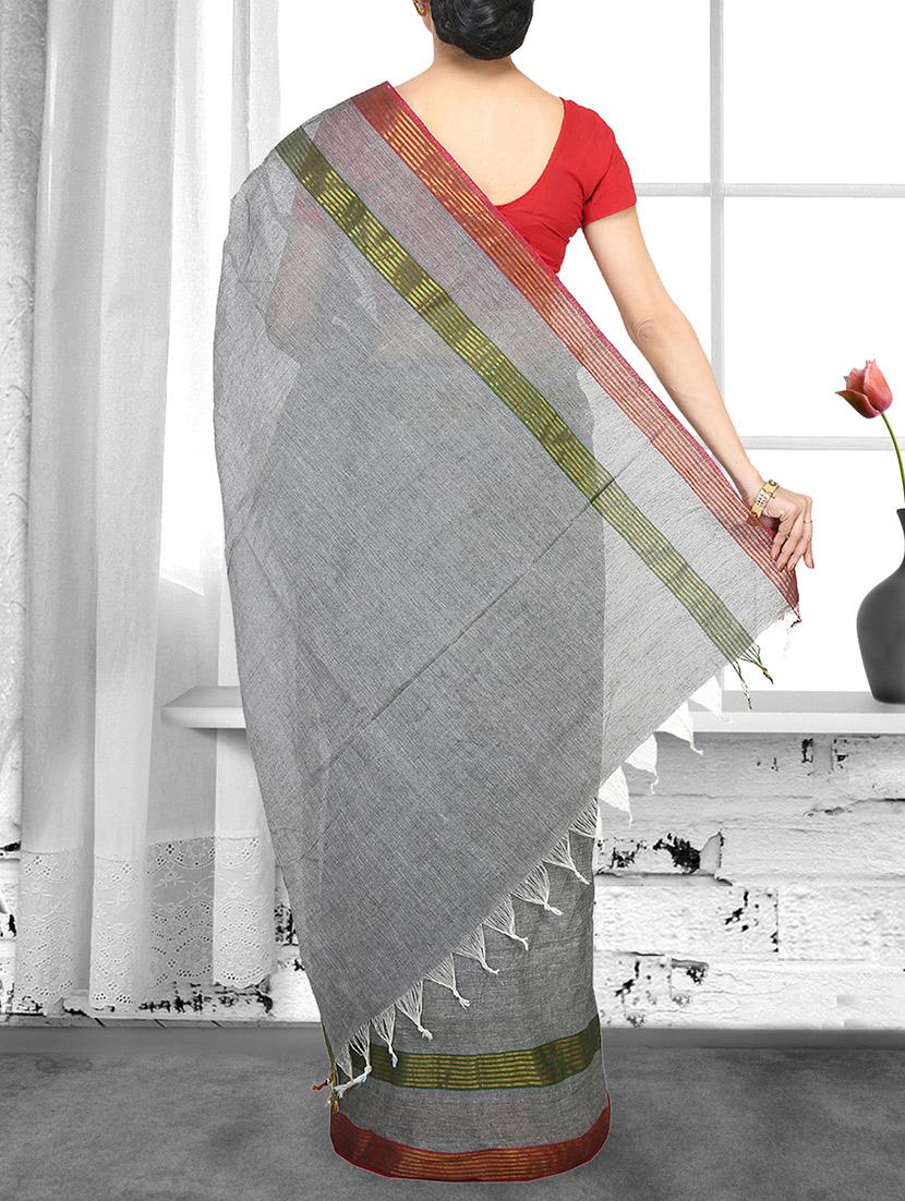 grey cotton handloom saree - 14910200 - Zoom Image - 2