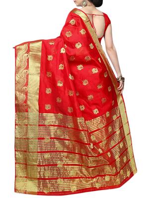 red cotton silk banarasi saree with blouse - 14913128 - Standard Image - 2