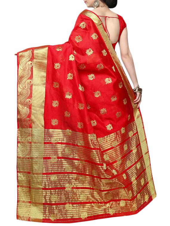 red cotton silk banarasi saree with blouse - 14913128 - Zoom Image - 2