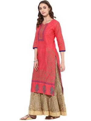 peach cotton straight kurta - 14924542 - Standard Image - 2