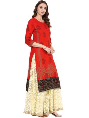 red cotton straight kurta - 14924546 - Standard Image - 2
