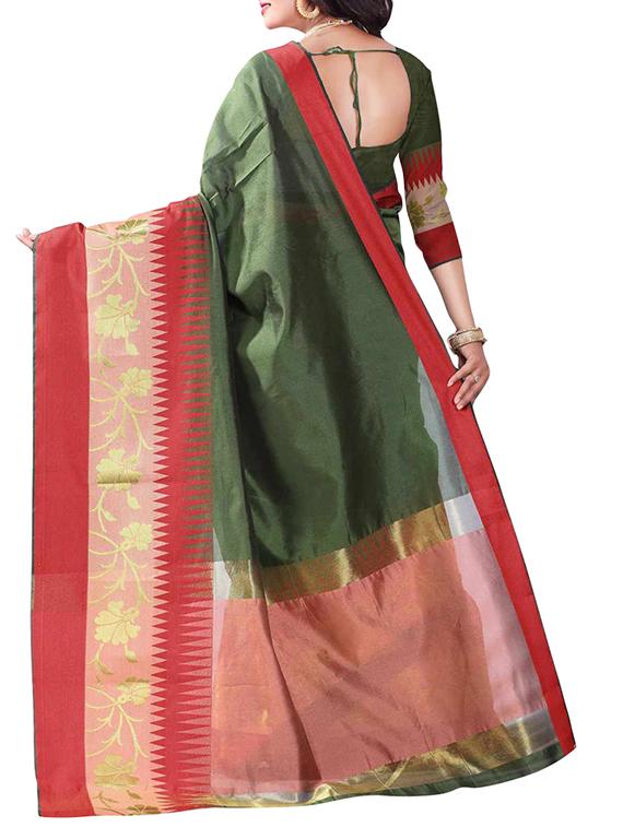 mehandi cotton silk bordered saree with blouse - 14925681 - Zoom Image - 2