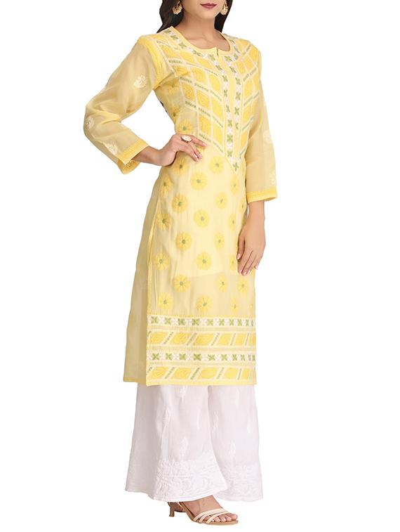 ada yellow cotton straight kurta - 14926670 - Zoom Image - 2