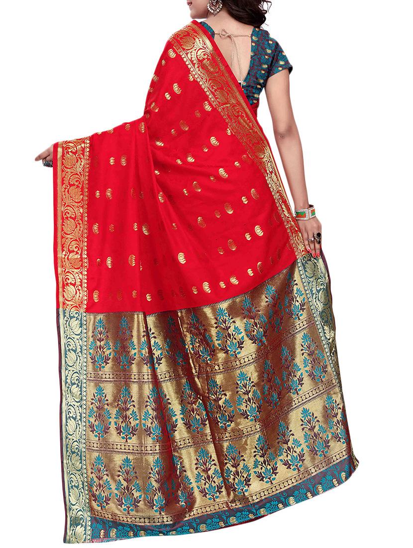 red silk woven saree with blouse - 14931080 - Zoom Image - 2