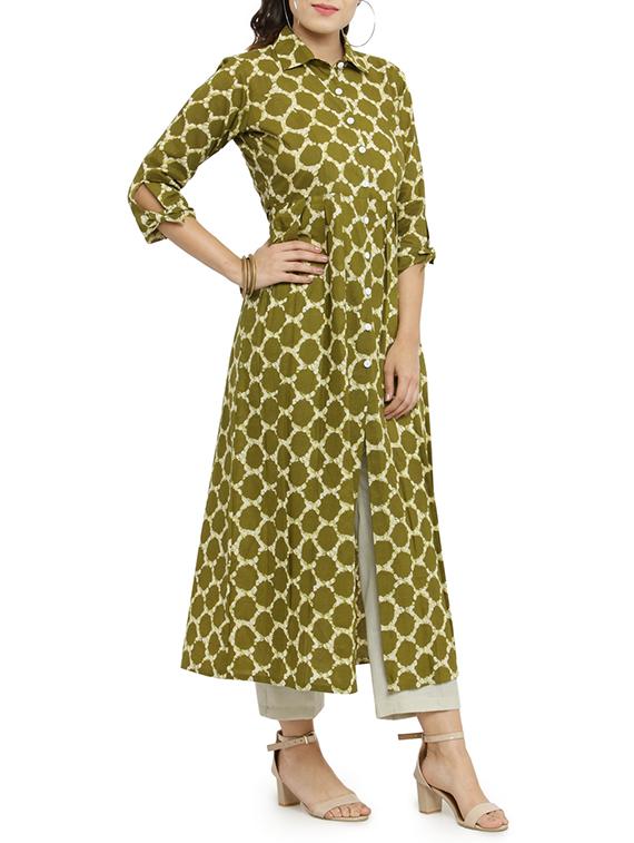 mehandi cotton flared kurta - 14947772 - Zoom Image - 2