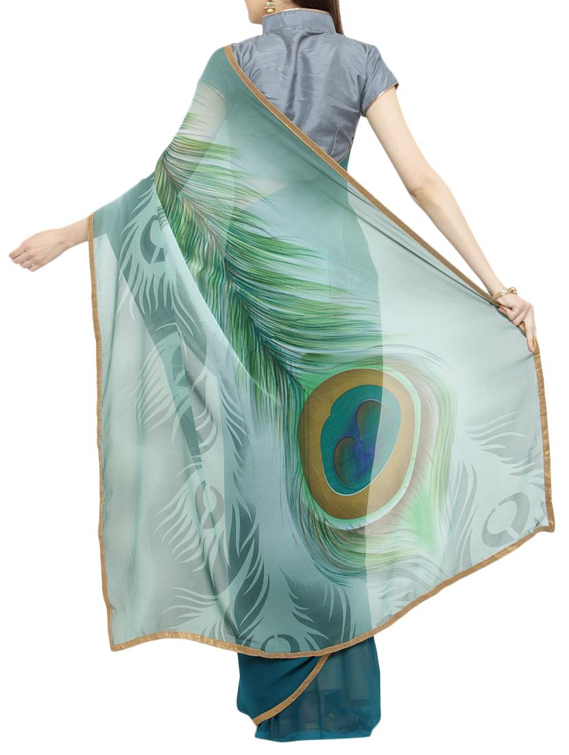 green georgette half & half saree with blouse - 14952929 - Zoom Image - 2
