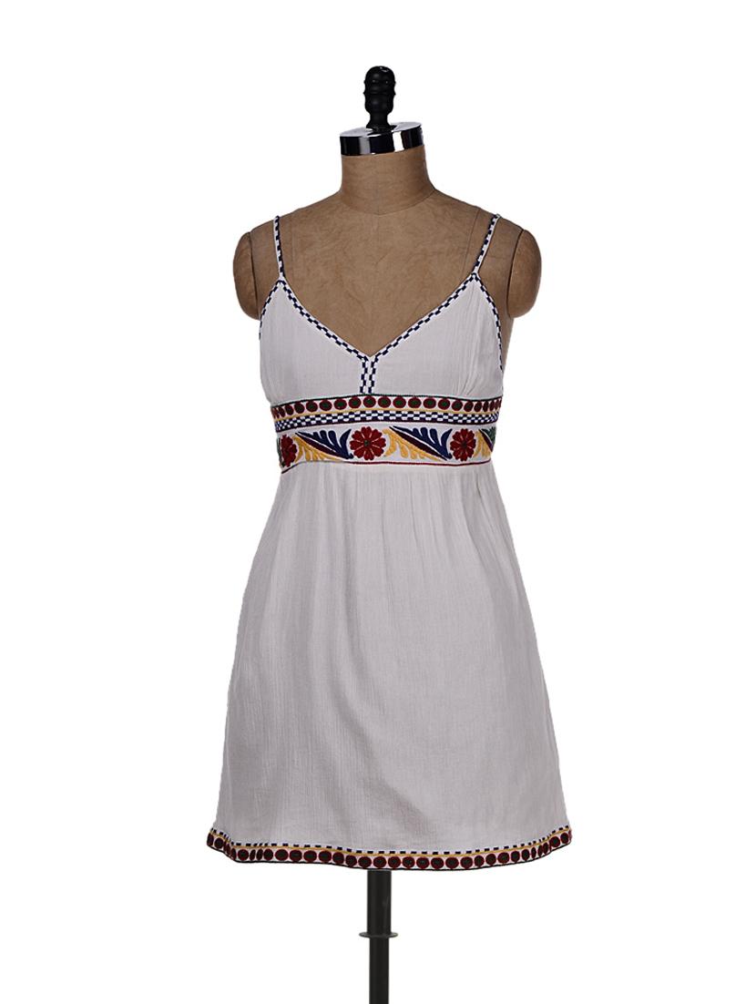 White Dress With Colourful Embroidery - REME
