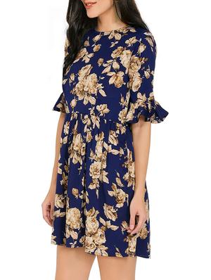 blue printed fit & flare dress - 14979292 - Standard Image - 2