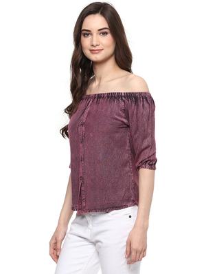 purple off shoulder denim top - 14980425 - Standard Image - 2