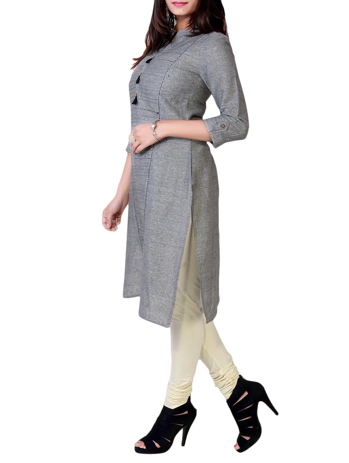grey cotton straight kurta - 14981953 - Zoom Image - 2