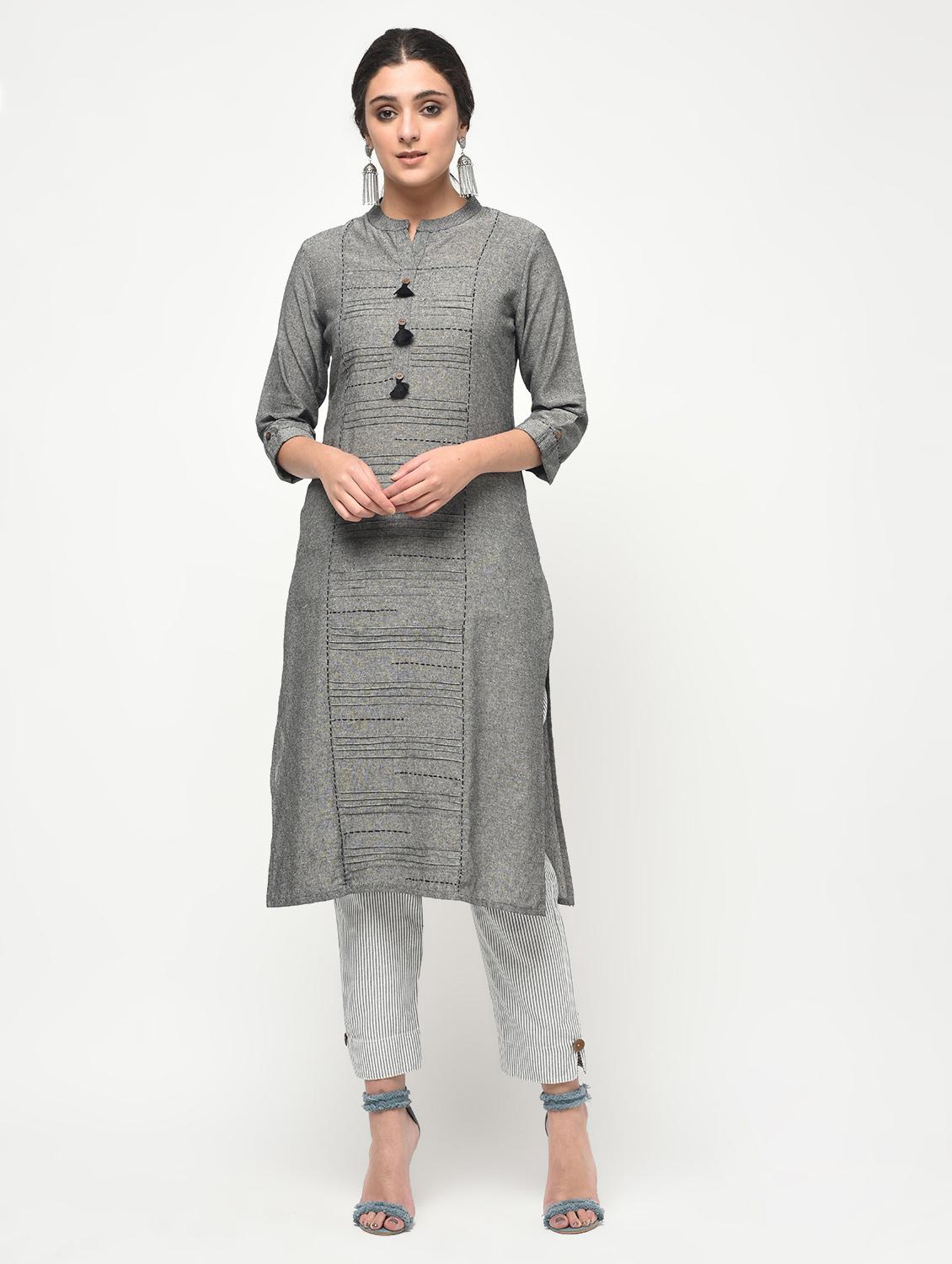 grey cotton straight kurta - 14981953 - Zoom Image - 2