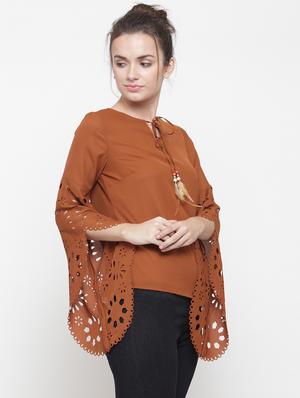 solid brown bell sleeved top - 14984835 - Standard Image - 2