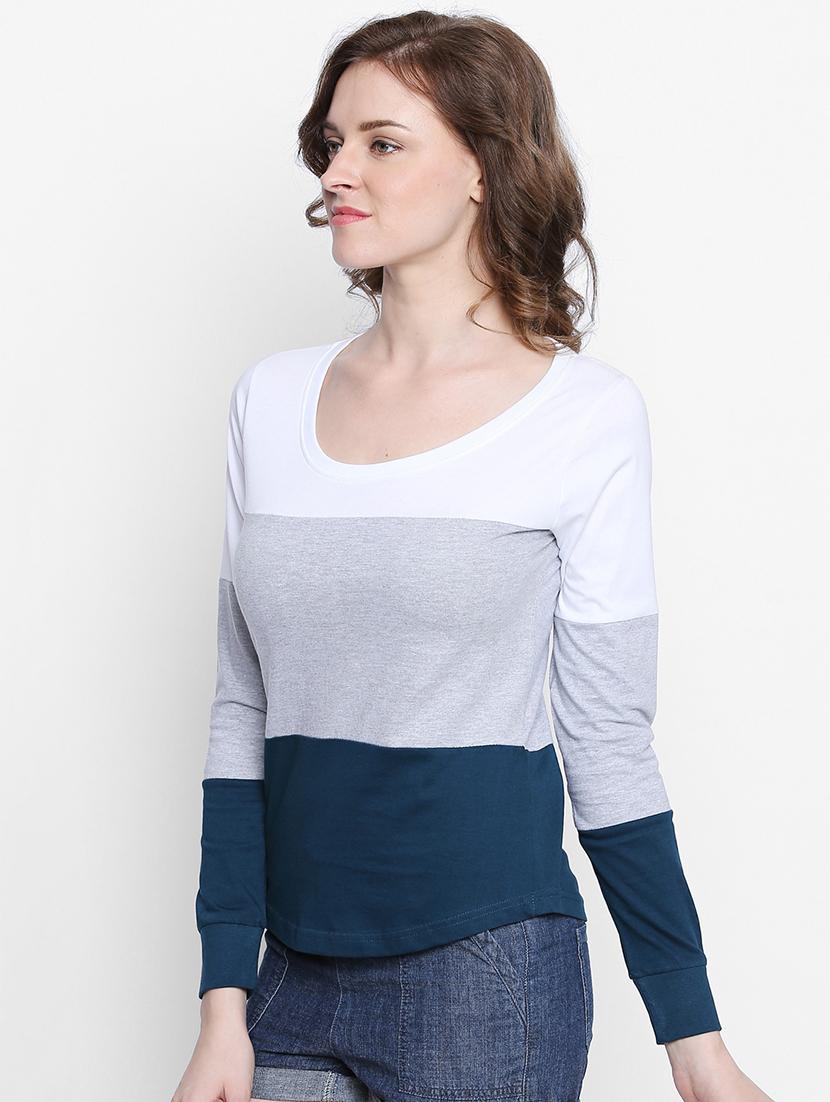 grey color block cold shoulder tee - 14986857 - Zoom Image - 2