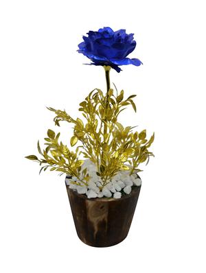 Artificial Flower Golden Rose with Tulsi (26 cm/ 10 inchs) in Wood round small pot - 14993963 - Standard Image - 2