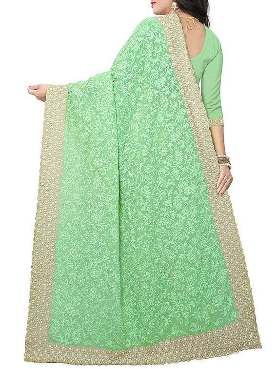 green georgette embroidered saree with blouse - 14999448 - Zoom Image - 2