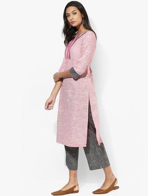 indian dobby pink khadi straight kurta - 15004499 - Standard Image - 2
