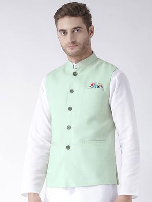 green linen nehru jacket - 15006067 - Standard Image - 2
