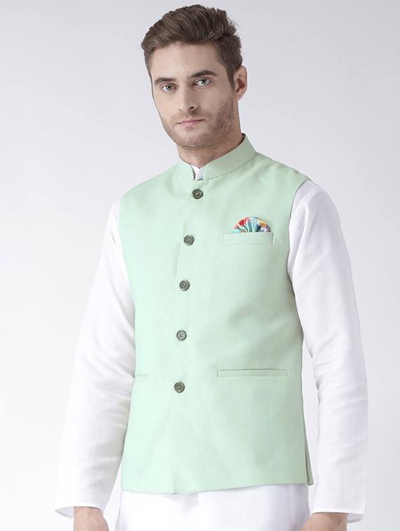 green linen nehru jacket - 15006067 - Zoom Image - 2