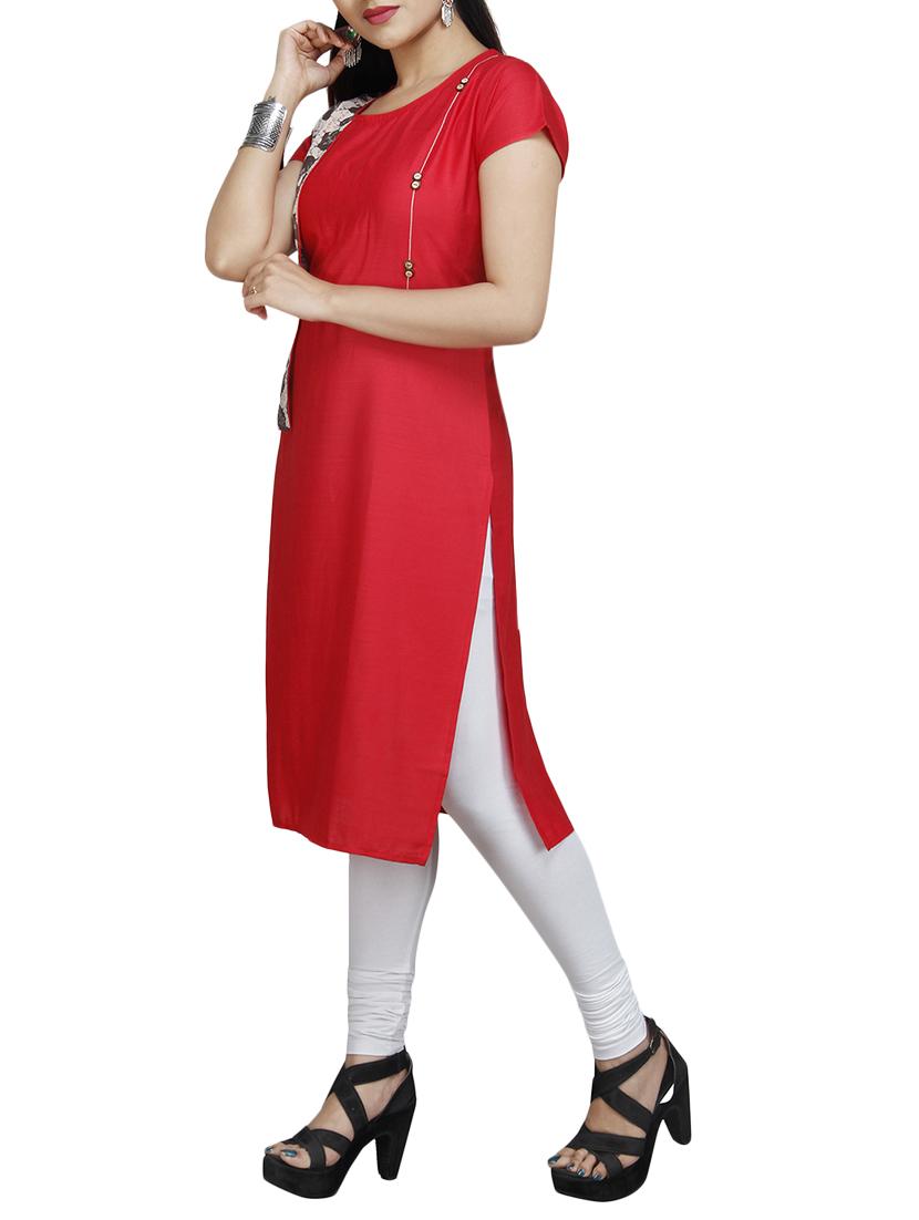 red cotton straight kurta - 15008134 - Zoom Image - 2