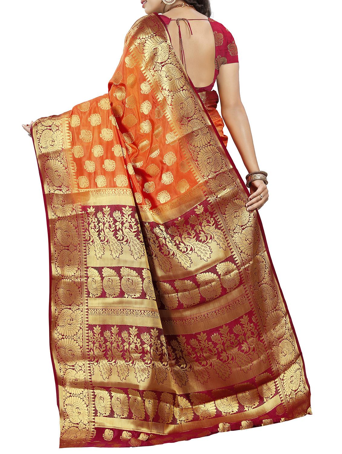 orange art silk banarasi saree with blouse - 15009300 - Zoom Image - 2
