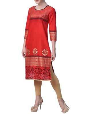 red cotton straight kurta - 15009364 - Standard Image - 2