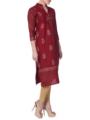 maroon cotton straight kurta - 15009370 - Standard Image - 2
