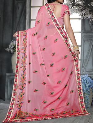 pink chiffon embroidered saree with blouse - 15009852 - Standard Image - 2