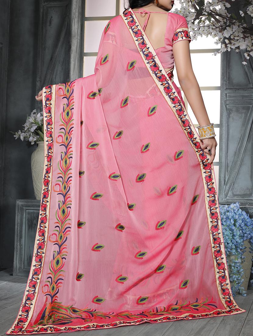 pink chiffon embroidered saree with blouse - 15009852 - Zoom Image - 2