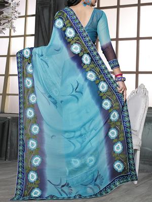 sky blue chiffon embroidered saree with blouse - 15010521 - Standard Image - 2